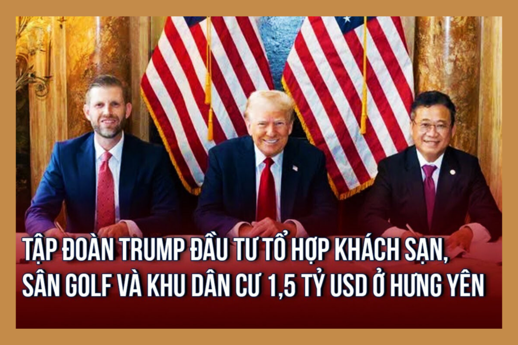 Ông Eric Frederick Trump (trái) và ông Đặng Thành Tâm (phải), Chủ tịch KBC, tại lễ ký kết hợp tác giữa Trump Organization và Tập đoàn Đầu tư Hưng Yên, dưới sự chứng kiến của cựu Tổng thống Donald Trump (giữa), tại New York, Mỹ, vào ngày 25/9/2024.