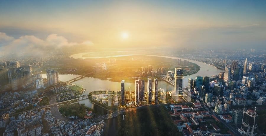 Trung tâm CBD hiện hữu của TP.HCM nhìn qua trung tâm tài chính Thủ Thiêm trong tương lai.